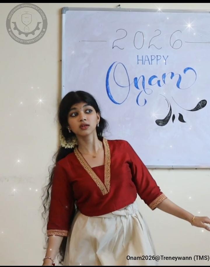 Solo dance performance by a hospital administration student at the Onam 2026 celebration at Treneywann Management Studies, Kochi